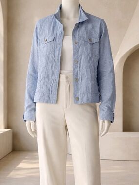JNY Jones New York 100% Linen Trucker Jacket Blue XL Coastal Chic